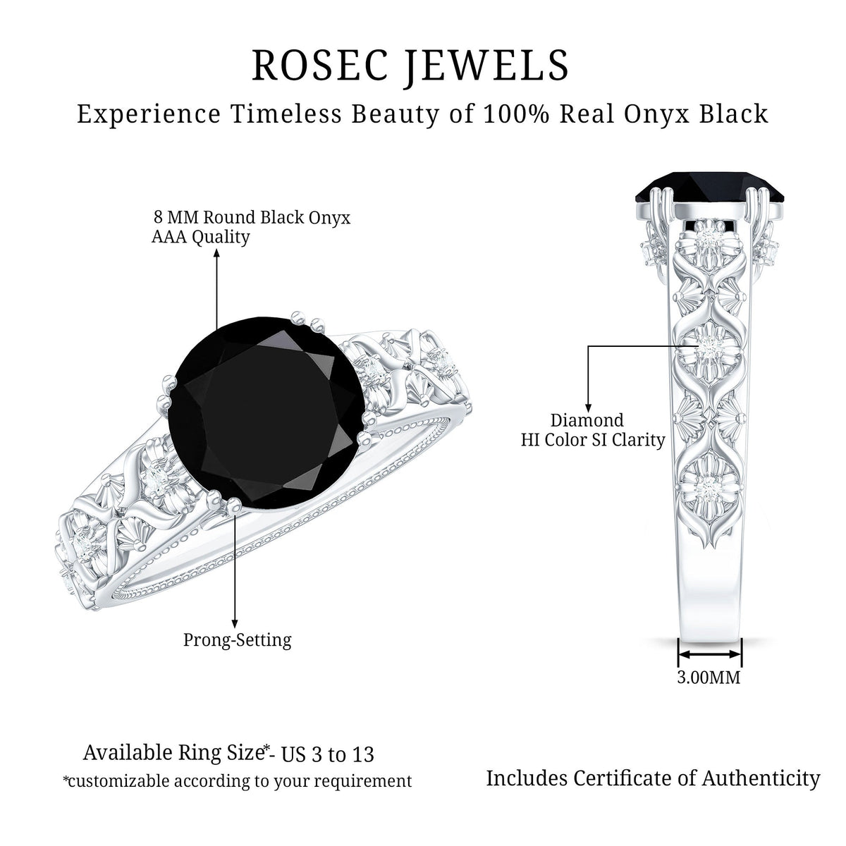 8mm Round Black Onyx Solitaire Antique Looking Engagement Ring with Diamond