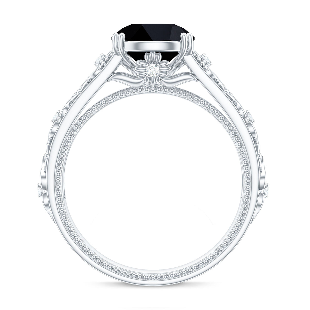 8mm Round Black Onyx Solitaire Antique Looking Engagement Ring with Diamond