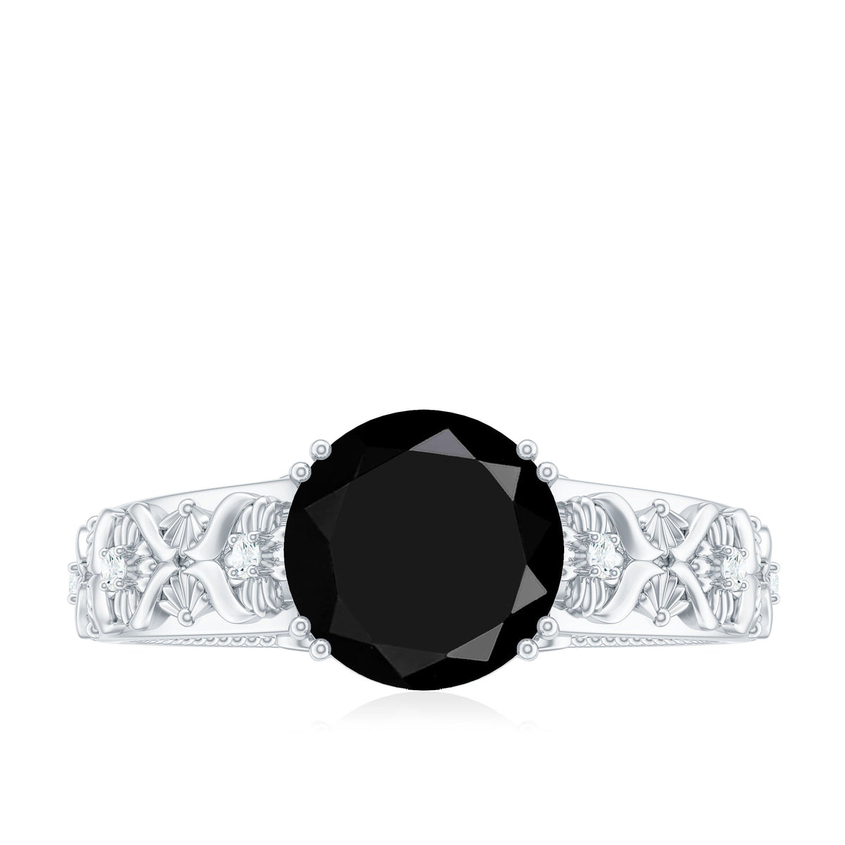 8mm Round Black Onyx Solitaire Antique Looking Engagement Ring with Diamond