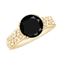 8mm Round Black Onyx Solitaire Antique Looking Engagement Ring with Diamond