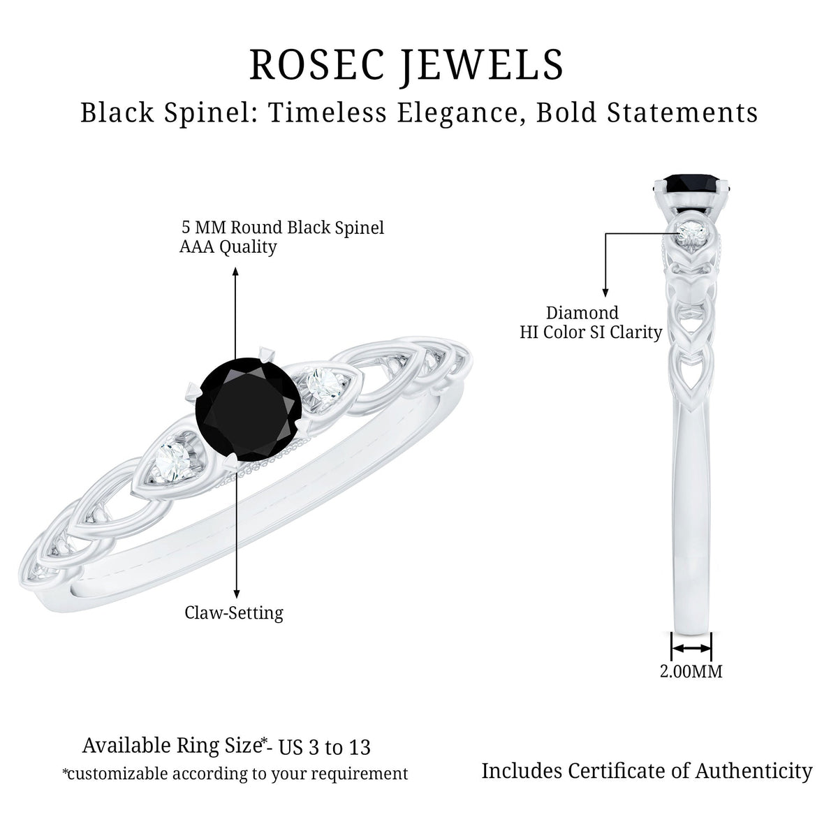 Natural Black Spinel Diamond Promise Ring with Certificate