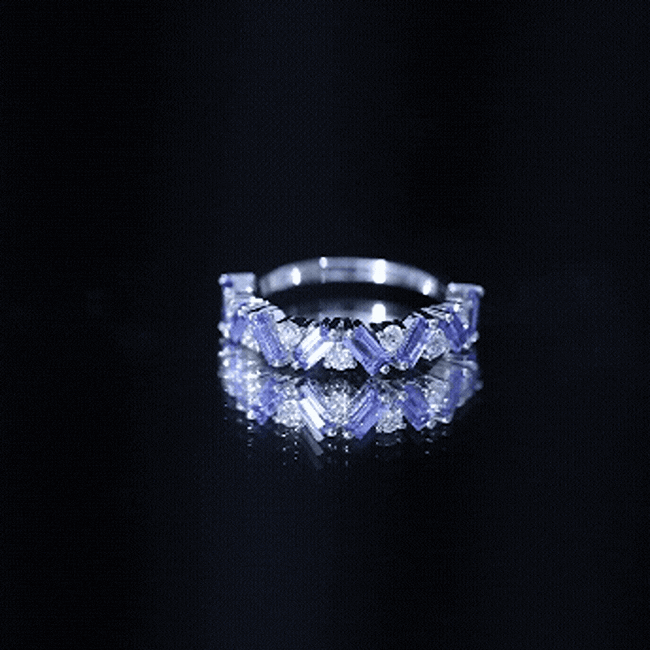 Baguette cut Tanzanite and diamond half eternity stackable ring in rose gold from Rosec Jewels, showcasing elegant gemstone details.