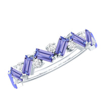 Baguette cut Tanzanite and diamond half eternity stackable ring by Rosec Jewels featuring alternating gemstones and sleek band design