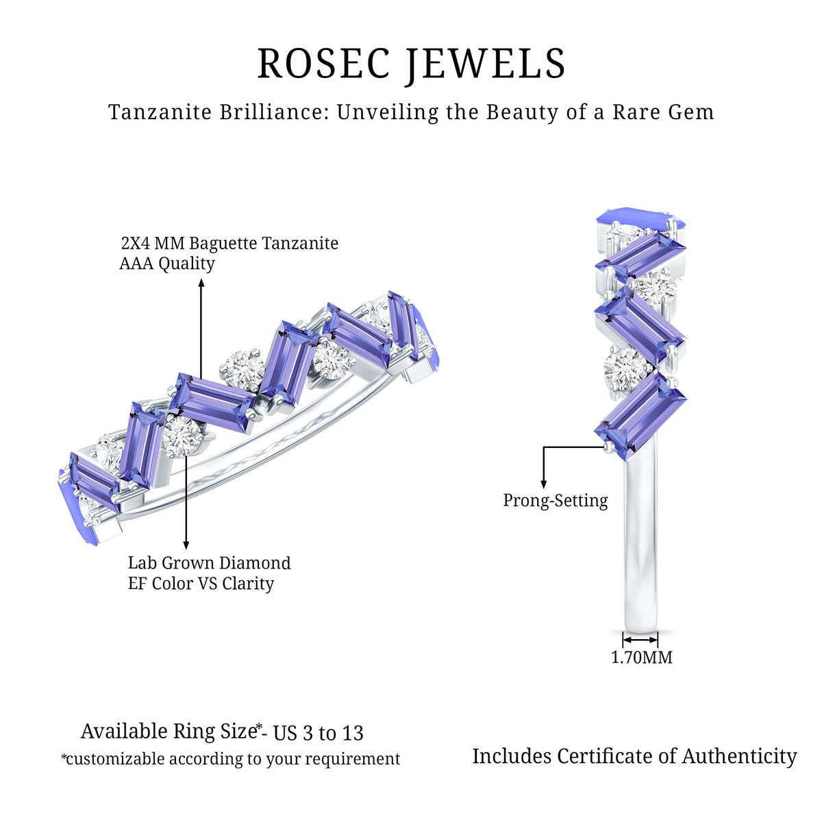 Elegant stackable ring featuring baguette-cut tanzanite and diamond accents, crafted by Rosec Jewels.