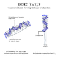Elegant stackable ring featuring baguette-cut tanzanite and diamond accents, crafted by Rosec Jewels.