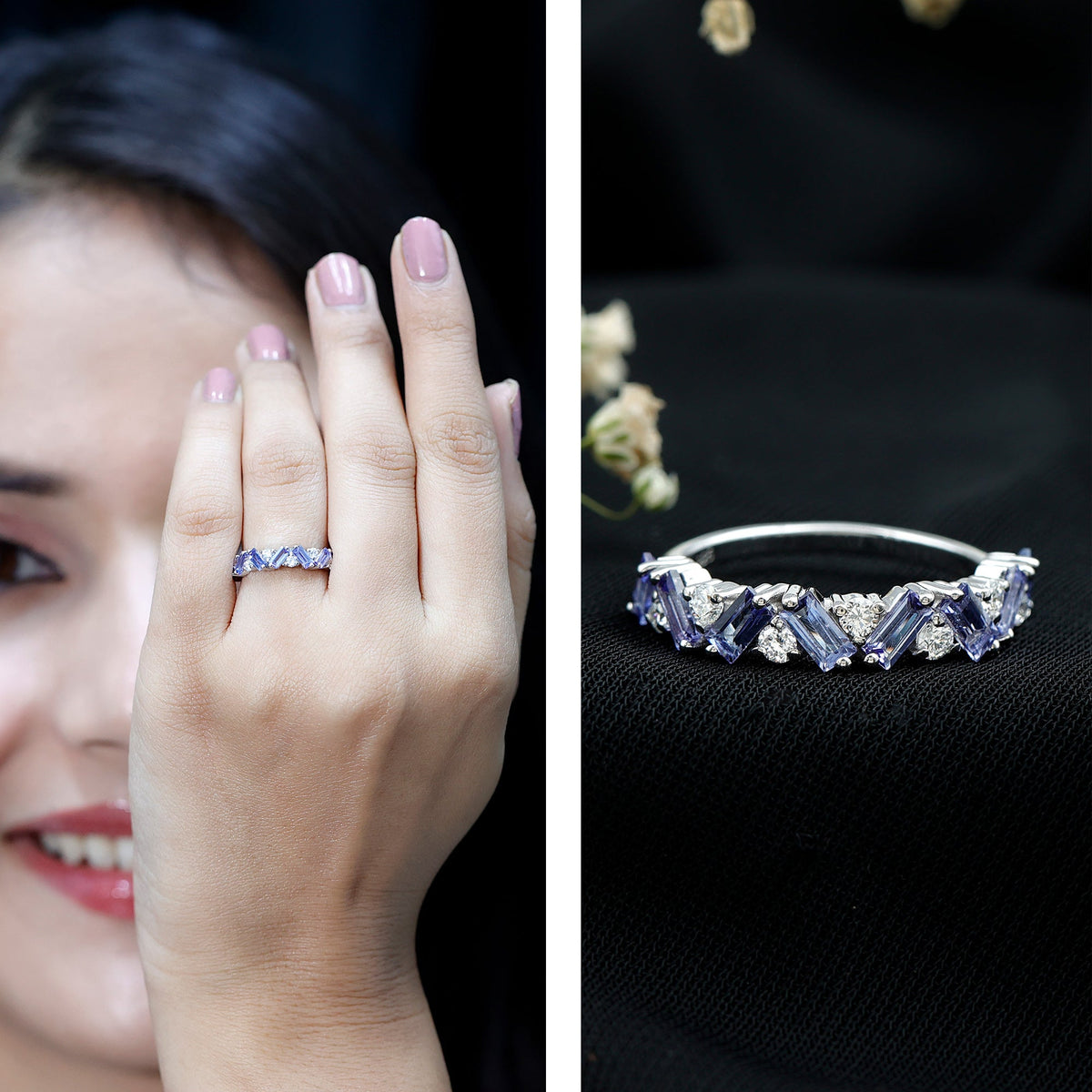 Baguette cut Tanzanite and diamond half eternity stackable ring by Rosec Jewels, featuring alternating gemstones and sleek band design.