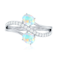 Natural Oval Ethiopian Opal Diamond Toi Et Moi Engagement Ring with Bypass Shank