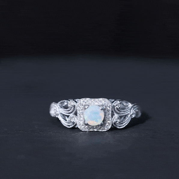 Certified real Ethiopian opal retro engagement ring with diamond, featuring a vintage style setting from Rosec Jewels.