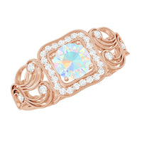 Certified real Ethiopian opal retro engagement ring with diamond, featuring a vintage-inspired design and intricate metalwork.