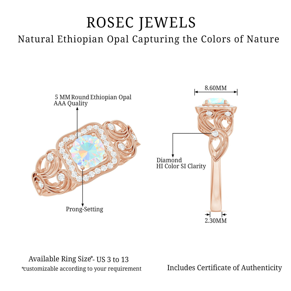 Certified real Ethiopian opal retro engagement ring with diamond accents, featuring a vintage-inspired design by Rosec Jewels.