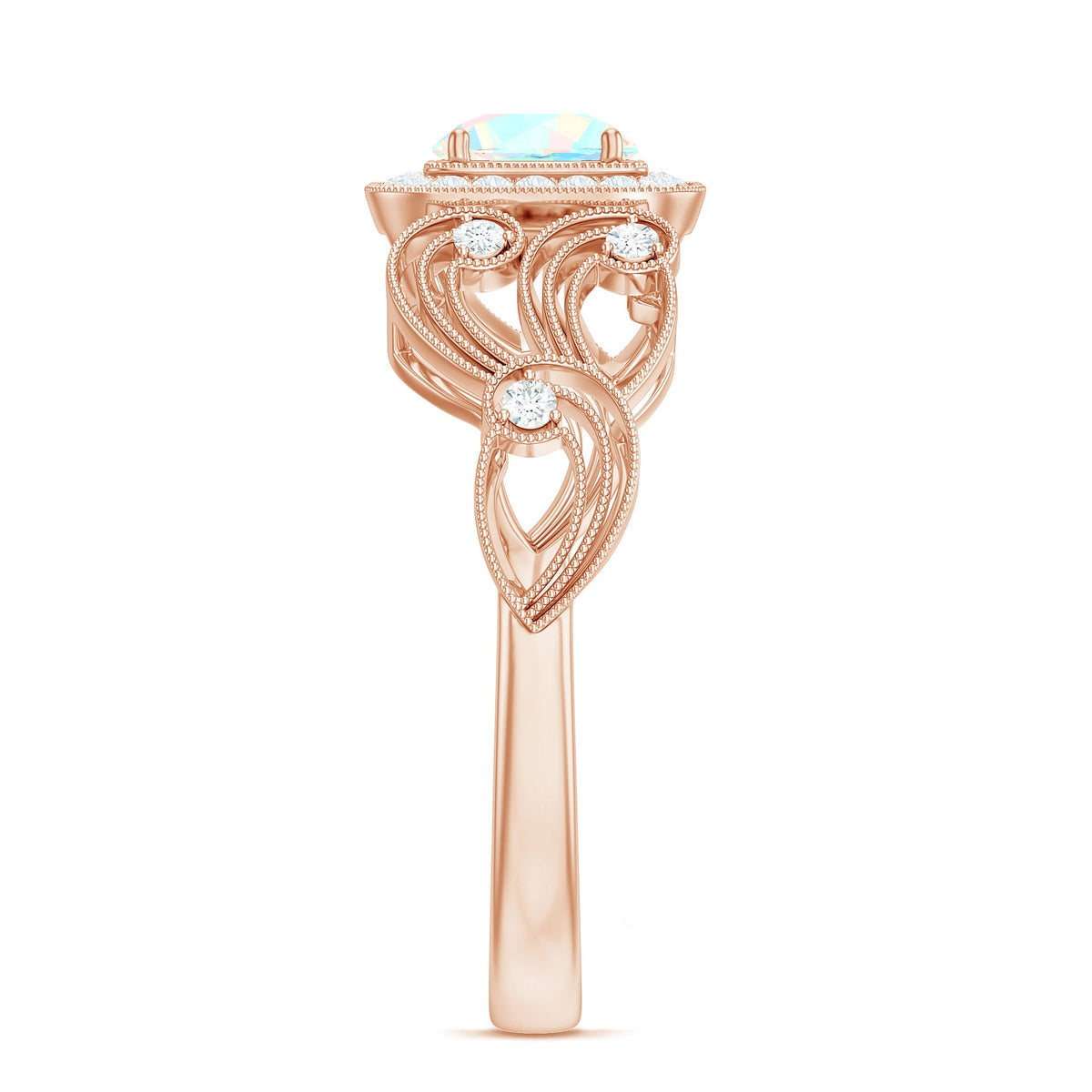 Certified real Ethiopian opal retro engagement ring with diamond from Rosec Jewels, showcasing an intricate vintage design.