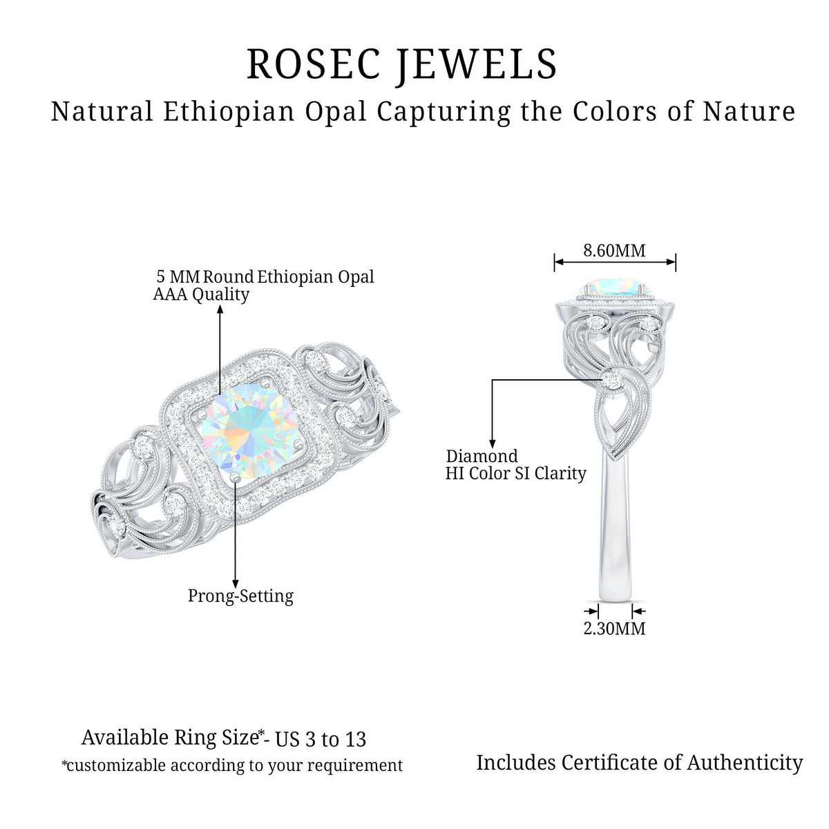 Certified real Ethiopian opal retro engagement ring with diamonds, featuring a vintage-inspired design by Rosec Jewels.