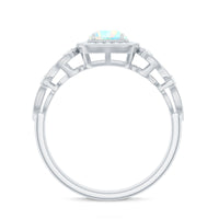 Certified real Ethiopian opal retro engagement ring with diamond, featuring a vintage design and Rosec Jewels branding.