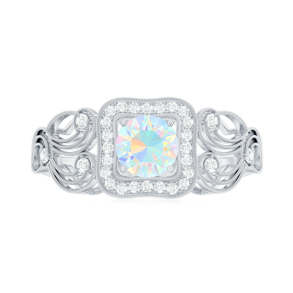 Certified real Ethiopian opal retro engagement ring with diamond, featuring a vintage-style design and intricate band.
