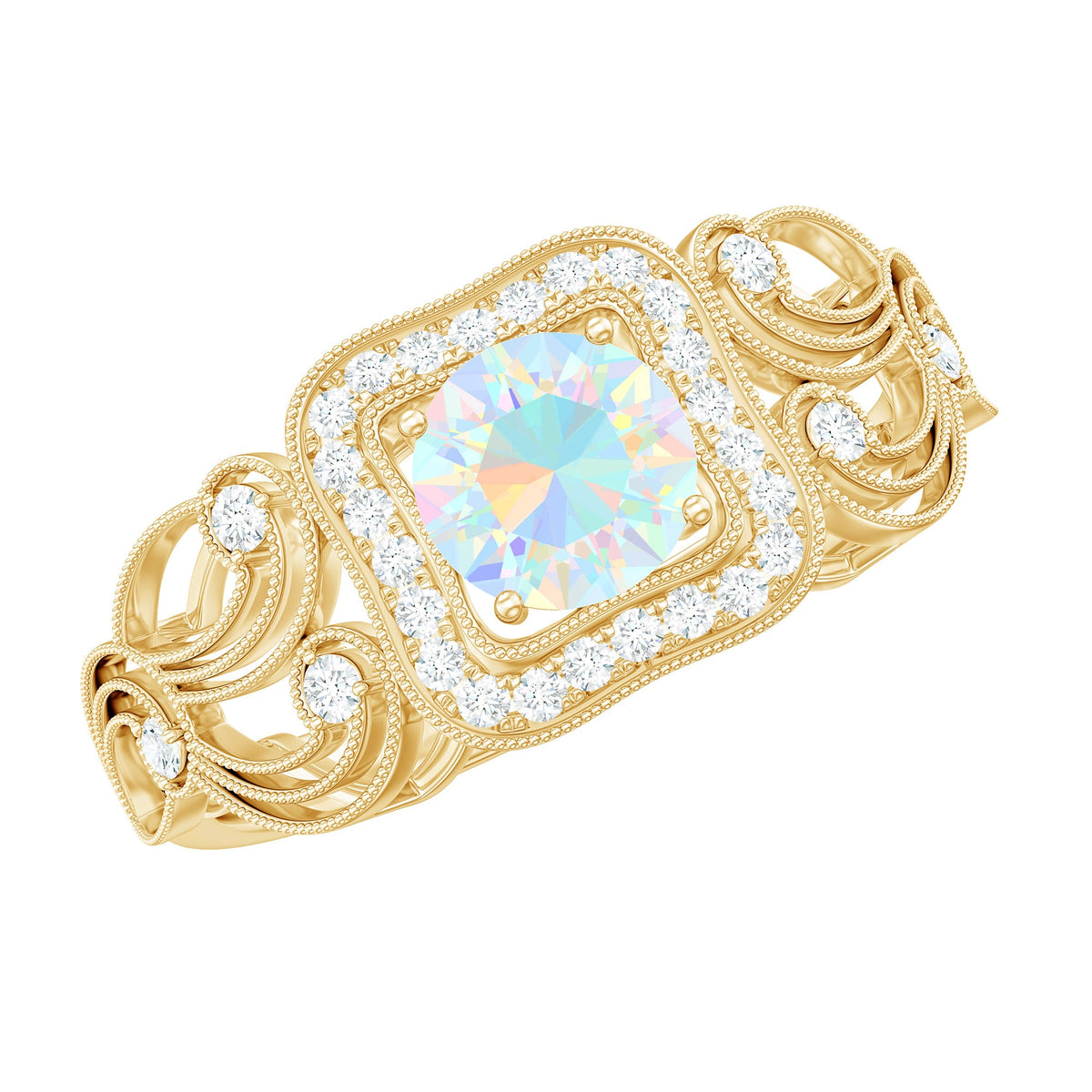 Certified real Ethiopian opal retro engagement ring with diamond, featuring a vintage-inspired design and intricate metalwork.