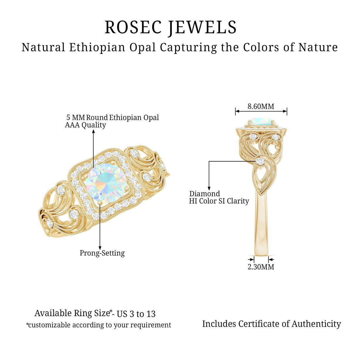 Certified real Ethiopian opal retro engagement ring with diamond, featuring a vibrant opal centerpiece and elegant design.