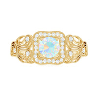 Certified real Ethiopian opal retro engagement ring with diamond setting, featuring a vintage style and intricate band design.