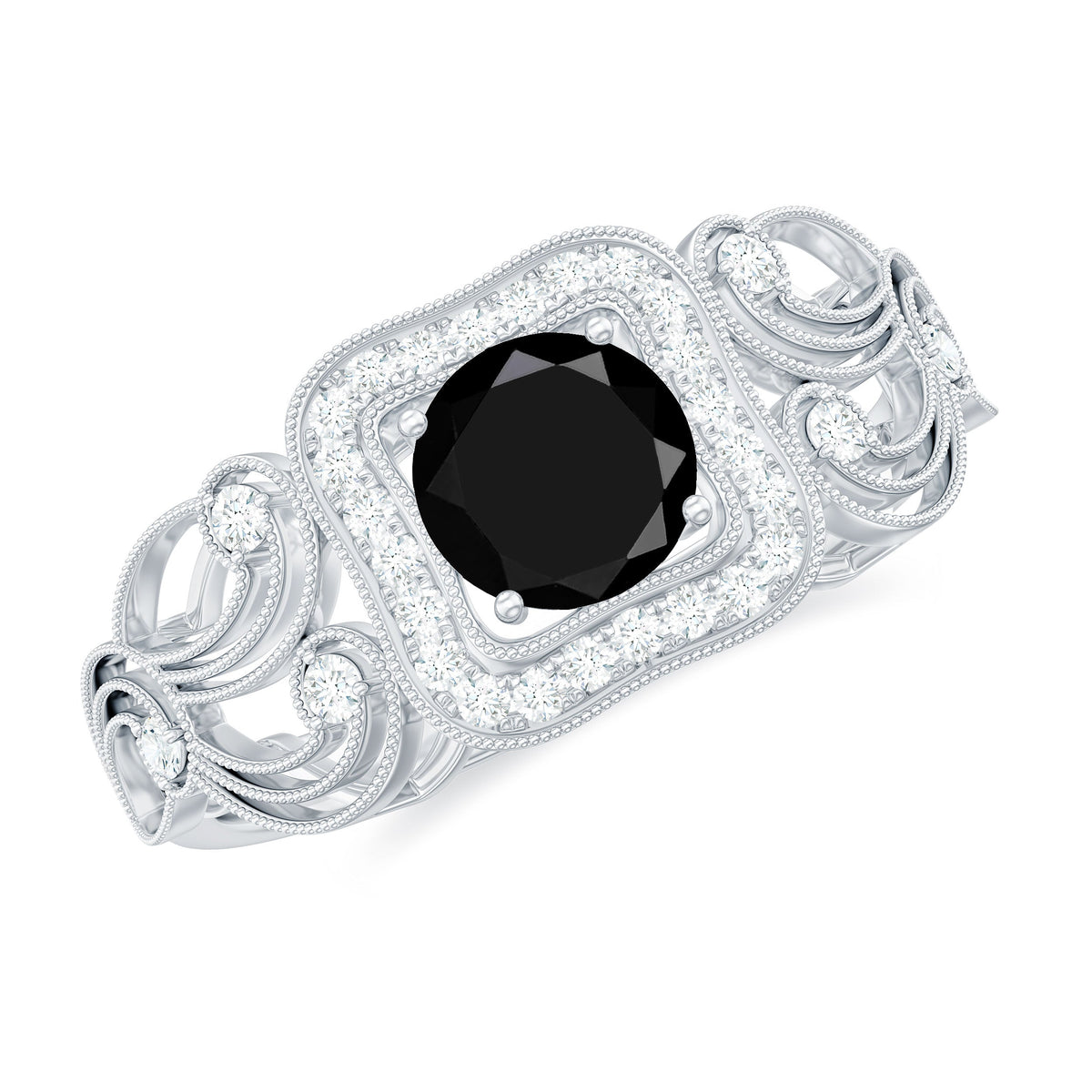 Natural black spinel retro engagement ring with diamond accents, featuring a vintage-inspired design from Rosec Jewels.
