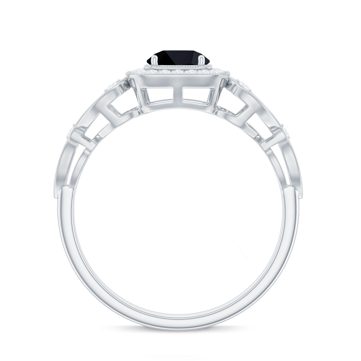 Natural black spinel retro engagement ring with diamond accents, crafted by Rosec Jewels, featuring a vintage-inspired design.
