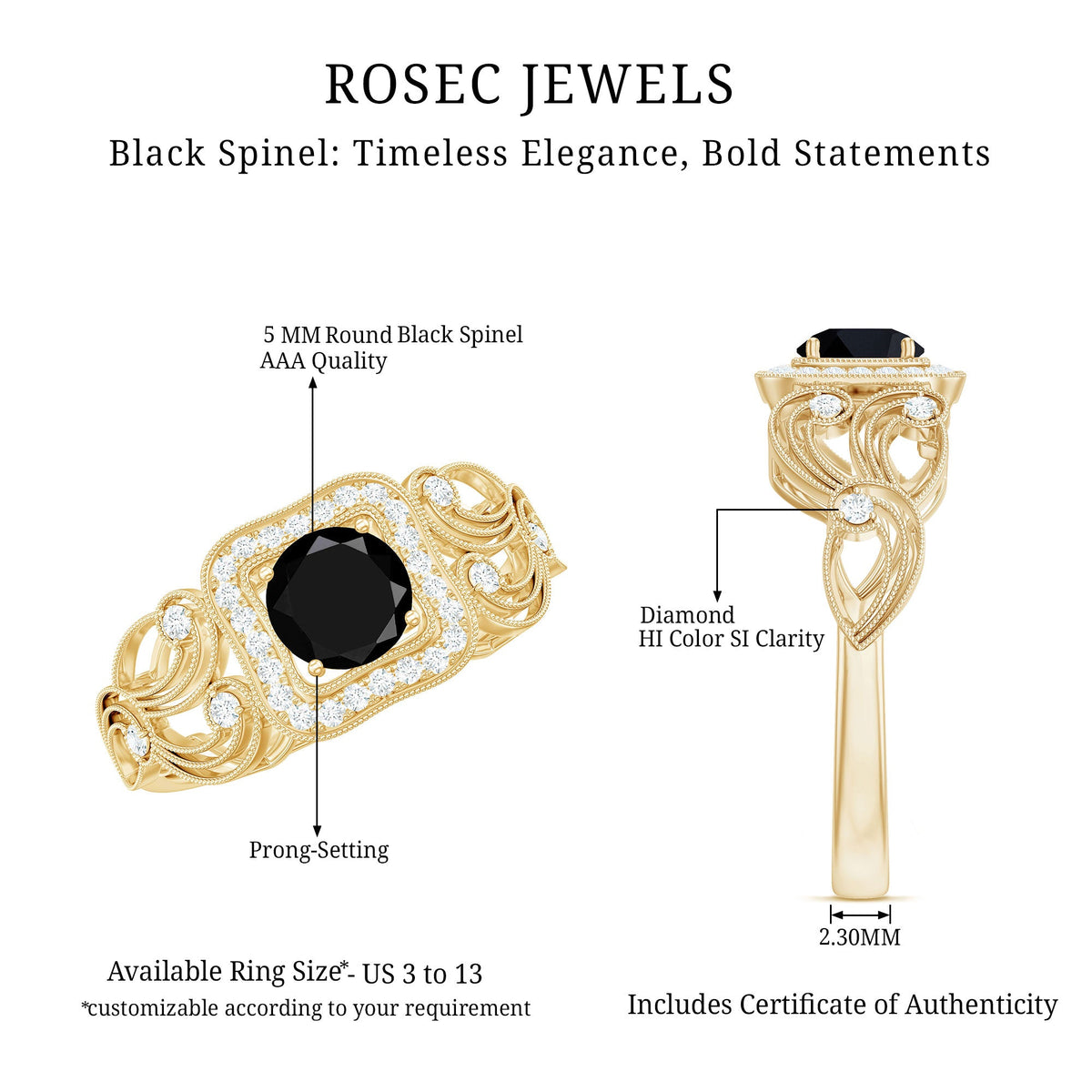 Natural black spinel retro engagement ring with diamond accents, featuring a vintage-inspired design from Rosec Jewels.