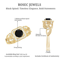 Natural black spinel retro engagement ring with diamond accents, featuring a vintage-inspired design from Rosec Jewels.