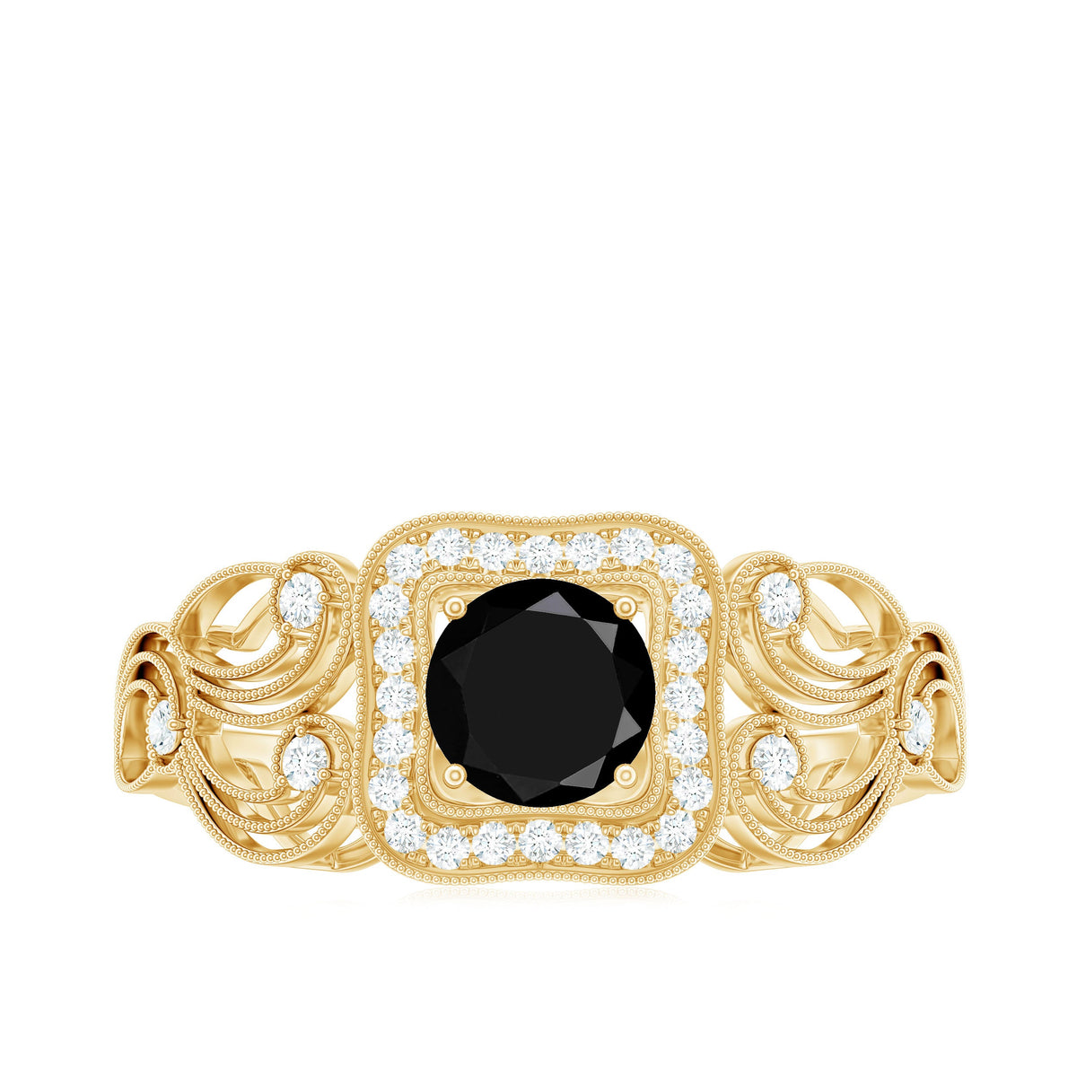 Natural black spinel retro engagement ring with diamond accents, featuring a vintage-inspired design from Rosec Jewels.