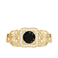 Natural black spinel retro engagement ring with diamond accents, featuring a vintage-inspired design from Rosec Jewels.