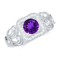 Vintage-inspired real amethyst engagement ring with diamonds from Rosec Jewels, featuring a central purple gemstone and sparkling accents.