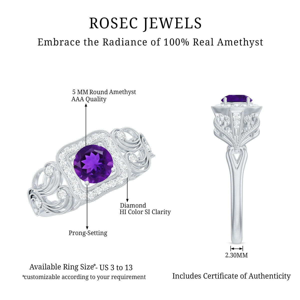 Vintage-inspired real amethyst engagement ring with diamond accents, featuring a detailed Rosec Jewels ring design.