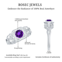 Vintage-inspired real amethyst engagement ring with diamond accents, featuring a detailed Rosec Jewels ring design.