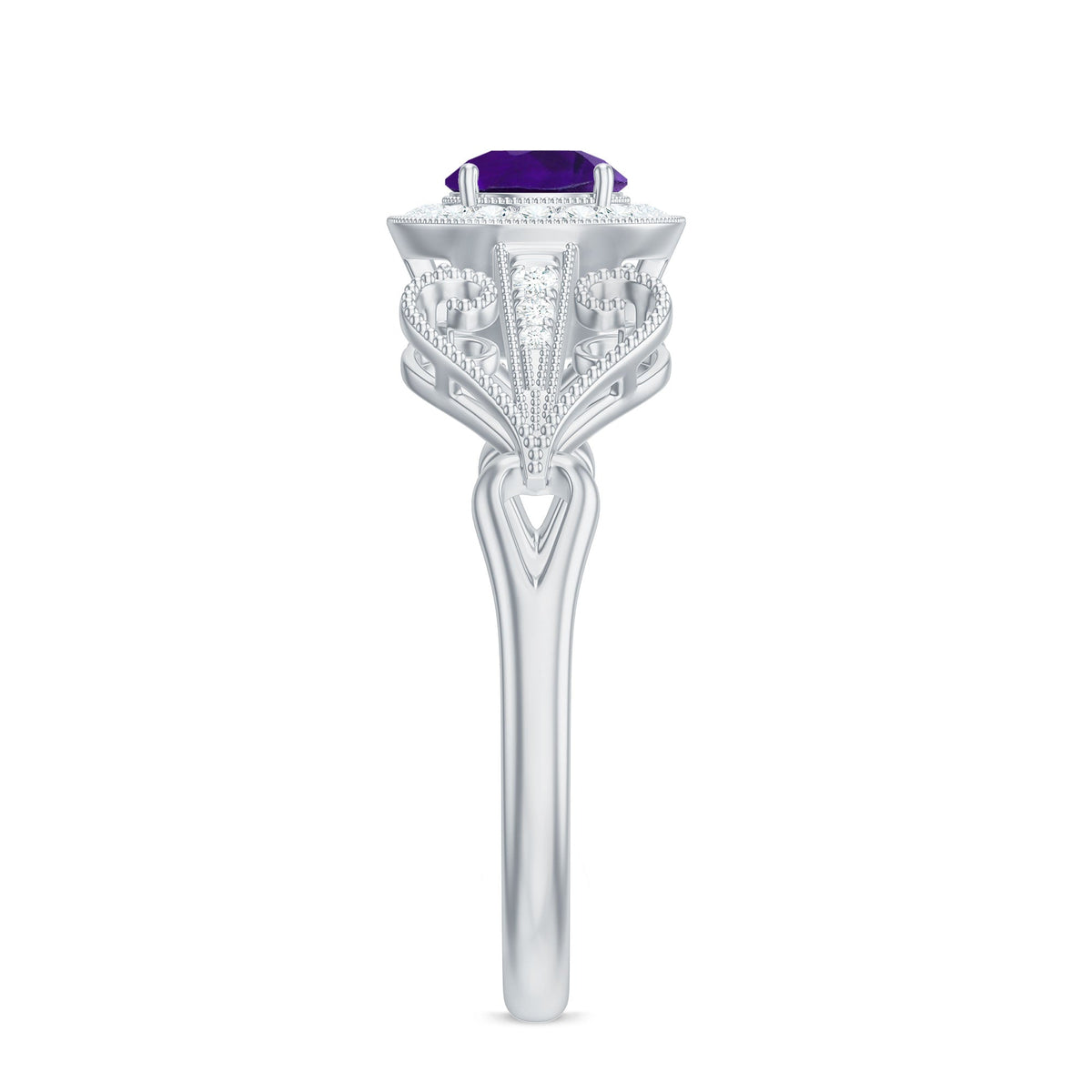 Vintage-inspired real amethyst engagement ring with diamond accents, featuring a rose gold band and intricate detailing.