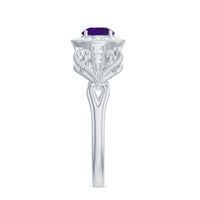 Vintage-inspired real amethyst engagement ring with diamond accents, featuring a rose gold band and intricate detailing.