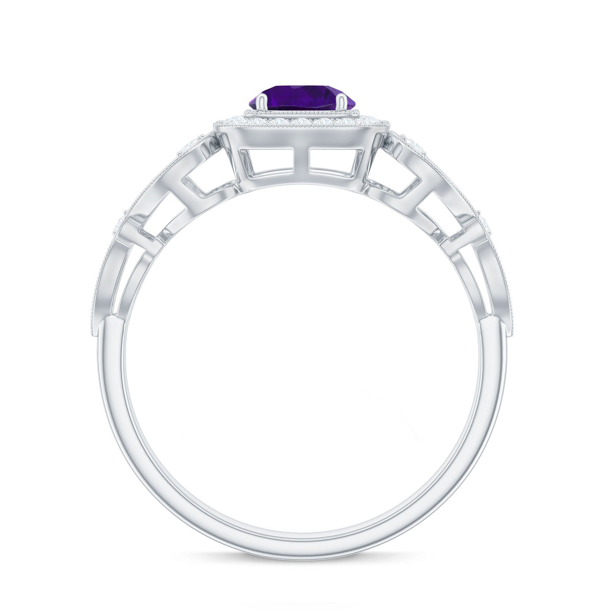 Vintage-inspired real amethyst engagement ring with diamond accents by Rosec Jewels, showcasing a detailed silver band and vibrant purple stone.