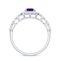 Vintage-inspired real amethyst engagement ring with diamond accents by Rosec Jewels, showcasing a detailed silver band and vibrant purple stone.