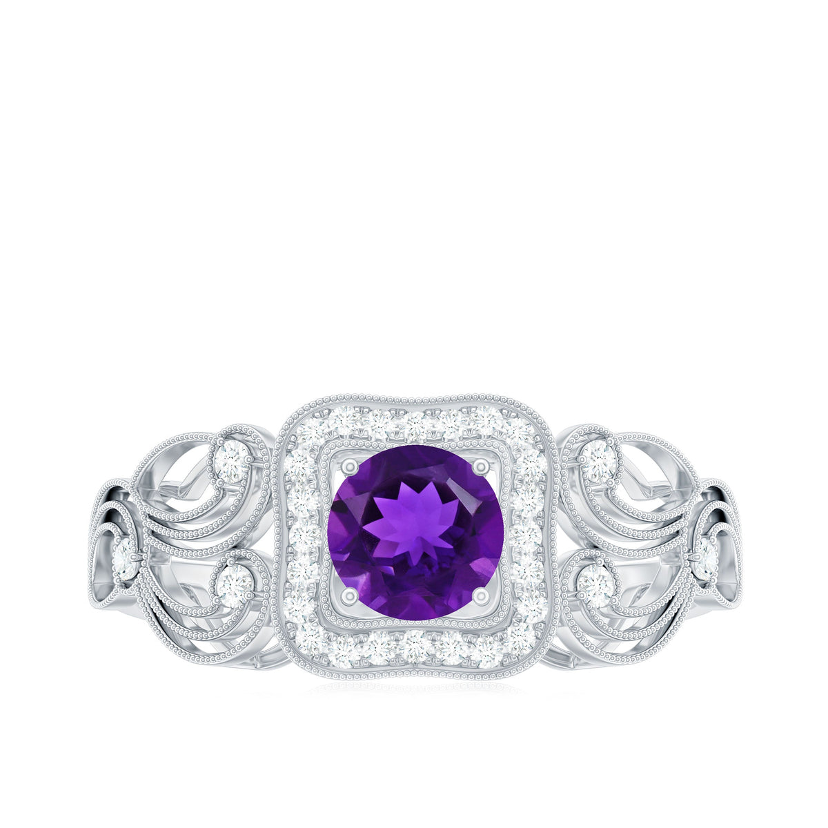 Vintage-inspired real amethyst engagement ring with diamond accents from Rosec Jewels, showcasing a central purple amethyst gemstone.