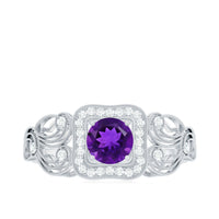 Vintage-inspired real amethyst engagement ring with diamond accents from Rosec Jewels, showcasing a central purple amethyst gemstone.