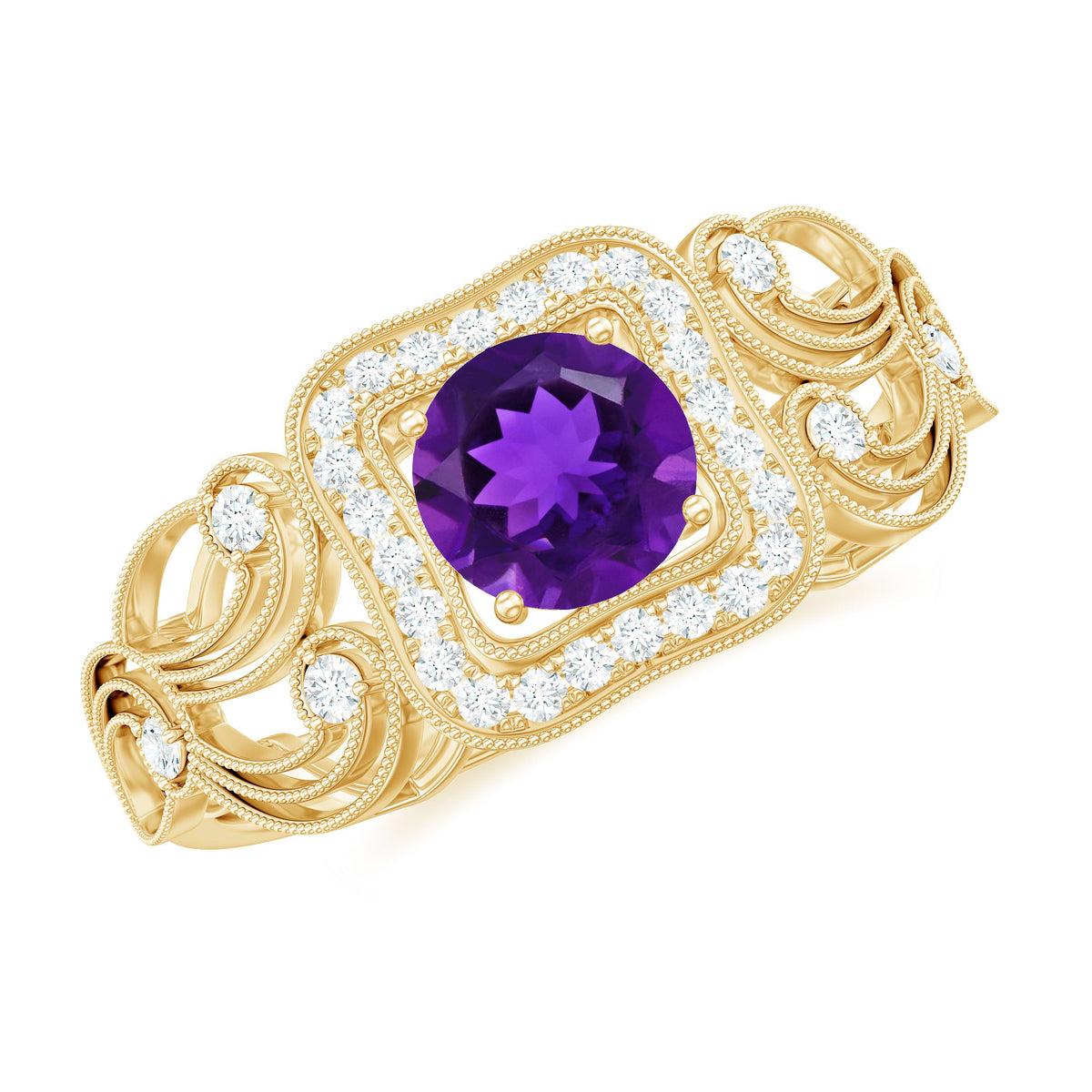 Vintage inspired Rosec Jewels amethyst engagement ring with diamond accent, showcasing intricate design and deep purple gemstone.