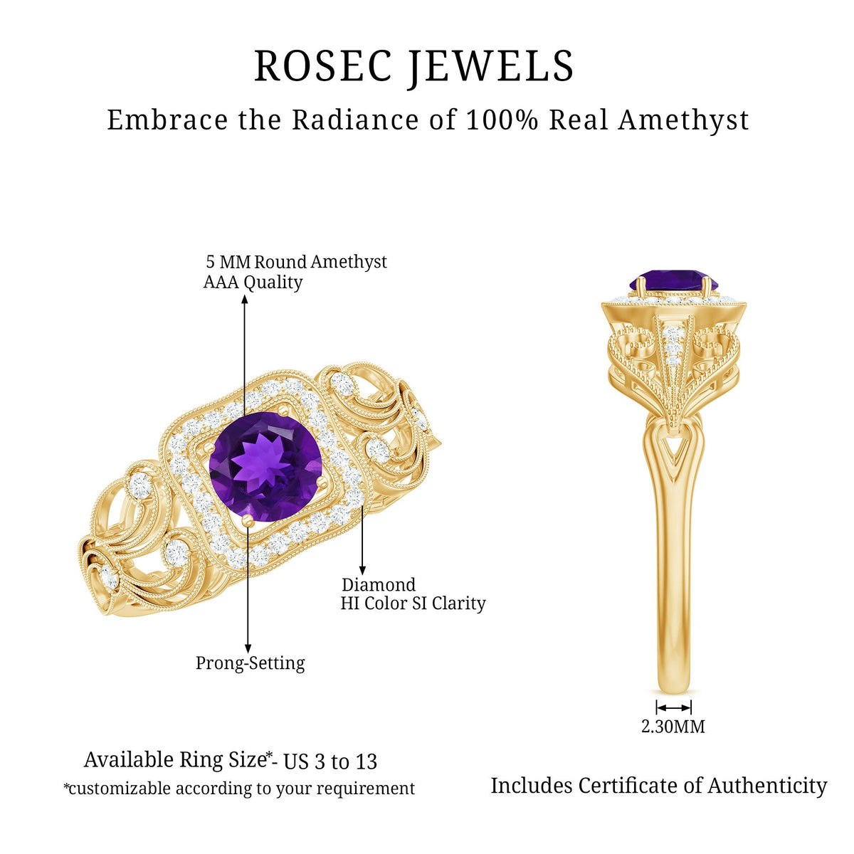 Vintage-inspired Rosec Jewels real amethyst engagement ring with diamond accents, featuring a detailed gold band and elegant design.