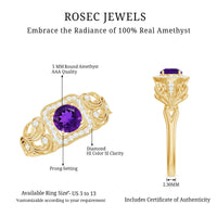 Vintage-inspired Rosec Jewels real amethyst engagement ring with diamond accents, featuring a detailed gold band and elegant design.