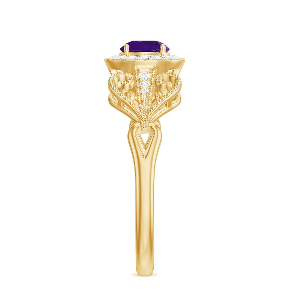 Vintage-inspired Rosec Jewels engagement ring featuring a real amethyst centerpiece with diamond accents and intricate metalwork.