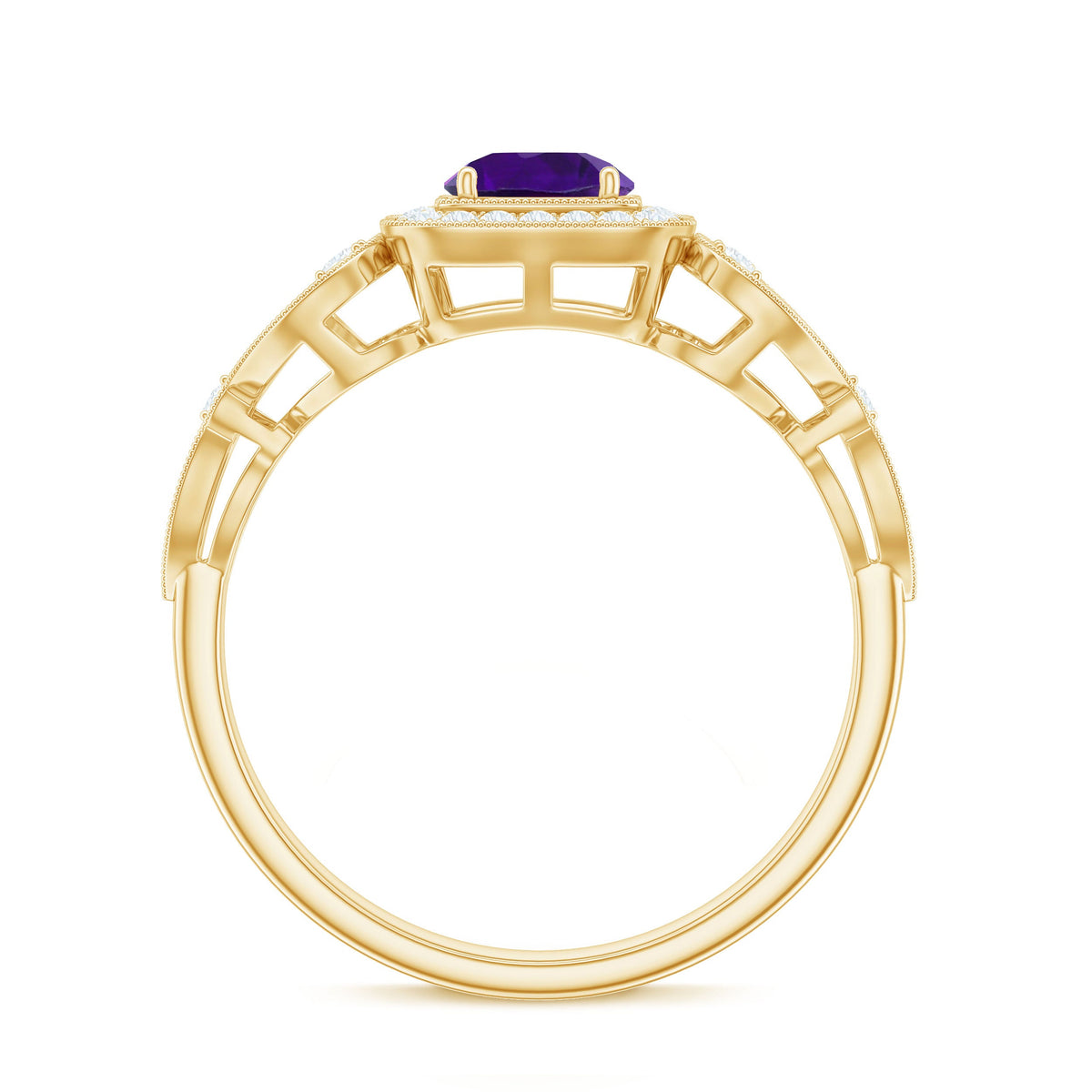 Vintage-inspired real amethyst engagement ring with diamond accents from Rosec Jewels, showcasing a detailed design and sparkling stones.