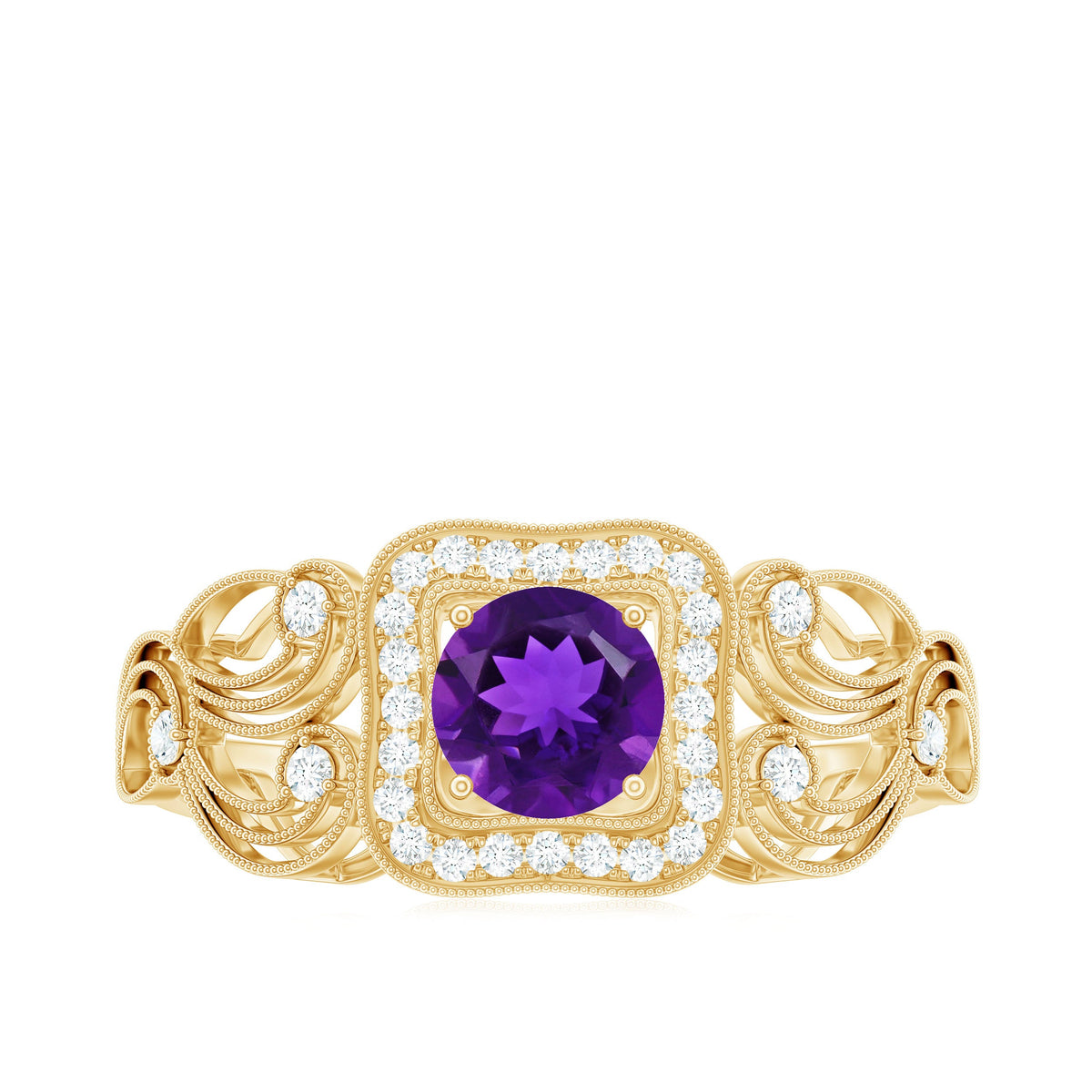 Vintage inspired real amethyst engagement ring with diamond accents from Rosec Jewels, featuring a purple gemstone and sparkling diamonds.