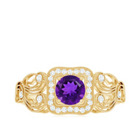 Vintage inspired real amethyst engagement ring with diamond accents from Rosec Jewels, featuring a purple gemstone and sparkling diamonds.