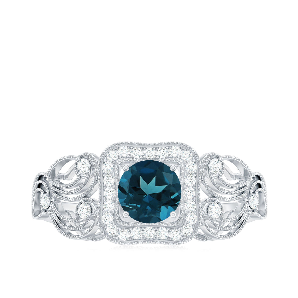 Certified London Blue Topaz Art Deco Engagement Ring with Diamond Halo