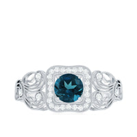 Certified London Blue Topaz Art Deco Engagement Ring with Diamond Halo