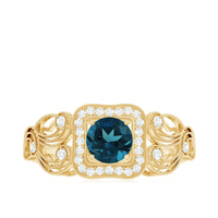 Certified London Blue Topaz Art Deco Engagement Ring with Diamond Halo