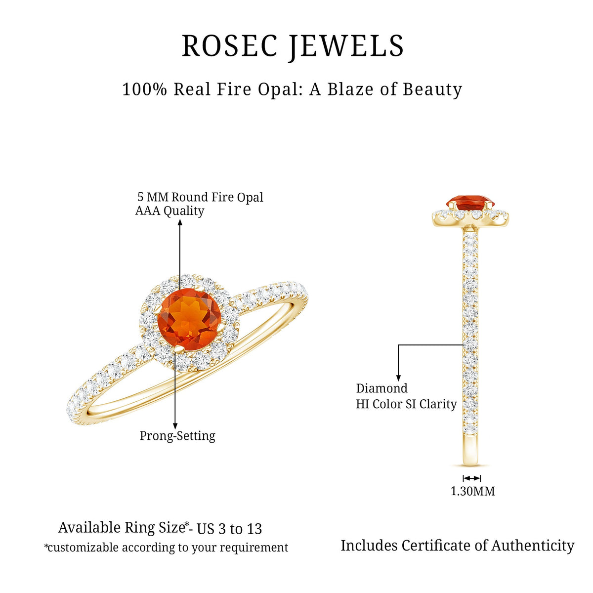 Round Fire Opal Minimal Engagement Ring with Diamond