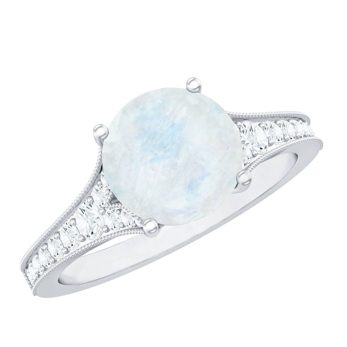 Rosec Jewels moonstone engagement ring with diamond side stones, showcasing a luminous moonstone centerpiece and sparkling accents.