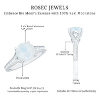 Rosec Jewels designer moonstone engagement ring with diamond side stones, showcasing a polished moonstone centerpiece and sparkling accents.