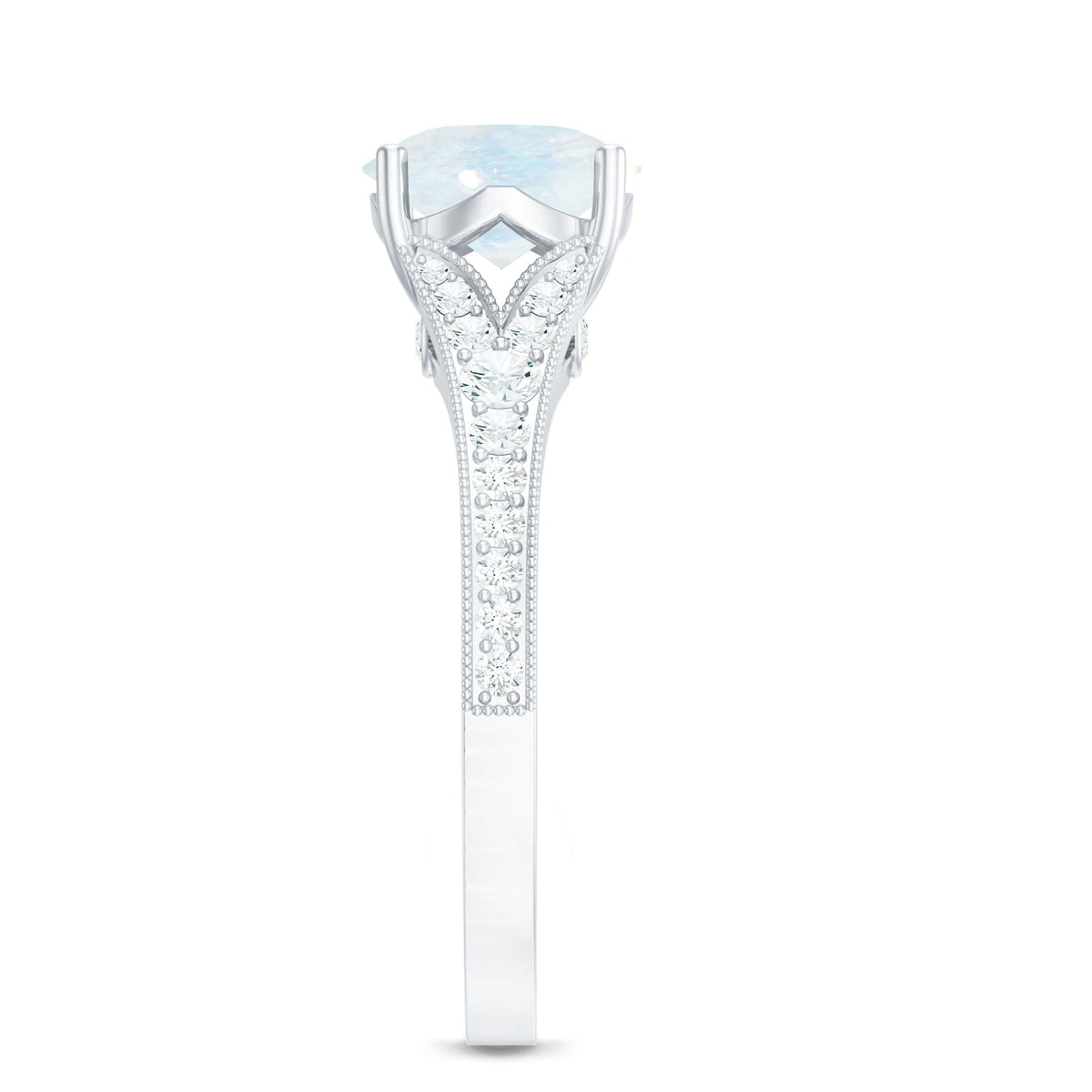 Rosec Jewels designer moonstone engagement ring with diamond side stones, showcasing a polished band and sparkling gemstones.